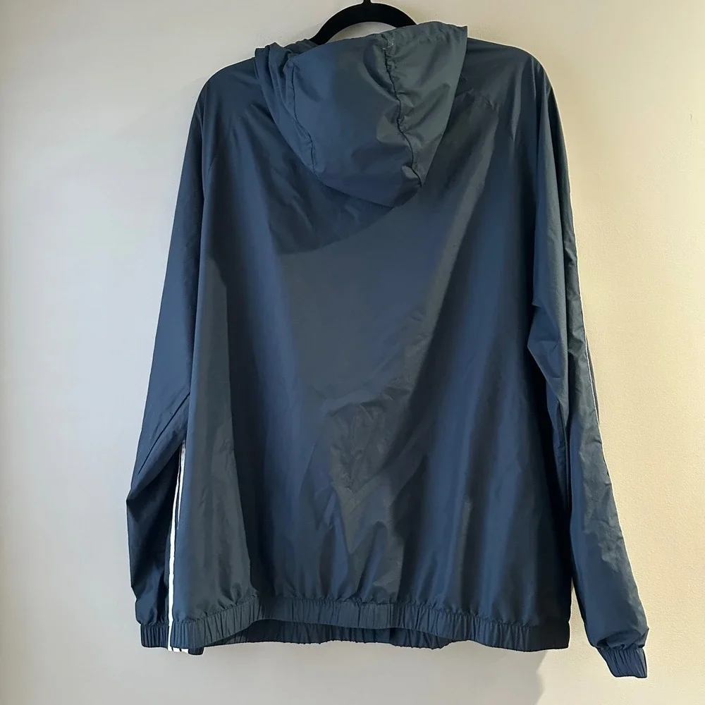 Adidas Lightweight Hooded‎ Windbreaker Jacket Navy Blue White Stripes w/ Pouch